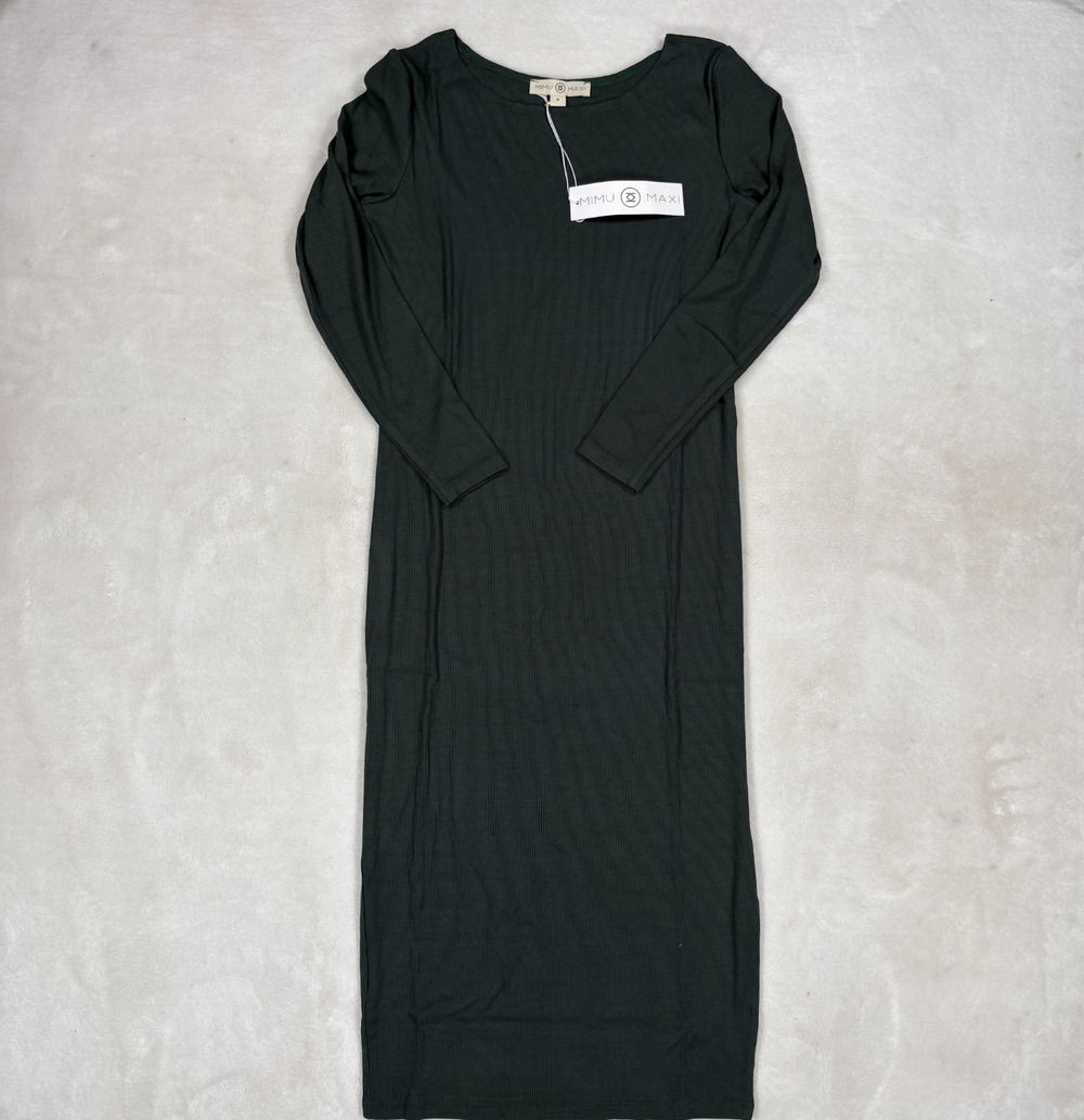 Mimu Maxi Fine Ribbed Body Dress Womens S Desert Pine Long Sleeve NWT